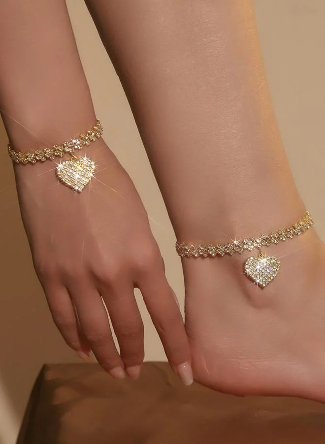 Take Two  Women Gold Heart Rhinestone Anklet And Bracelet Set for Women | Best Price UAE